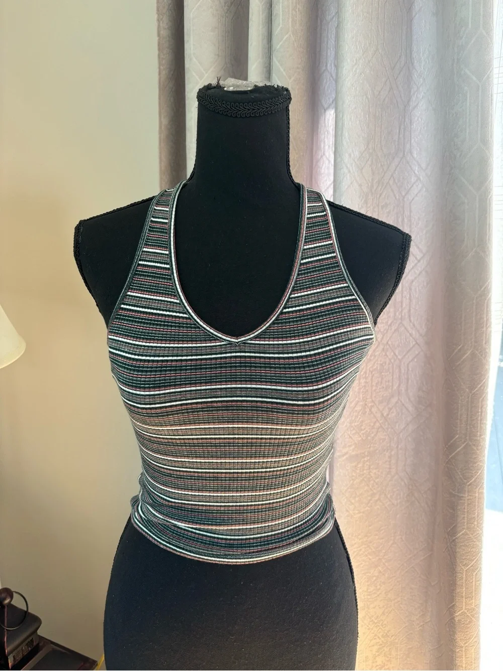 Striped Ribbed Racerback Crop Top in Black and Teal